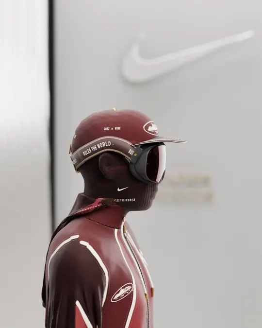 Side profile of the balaclava, goggles and cap