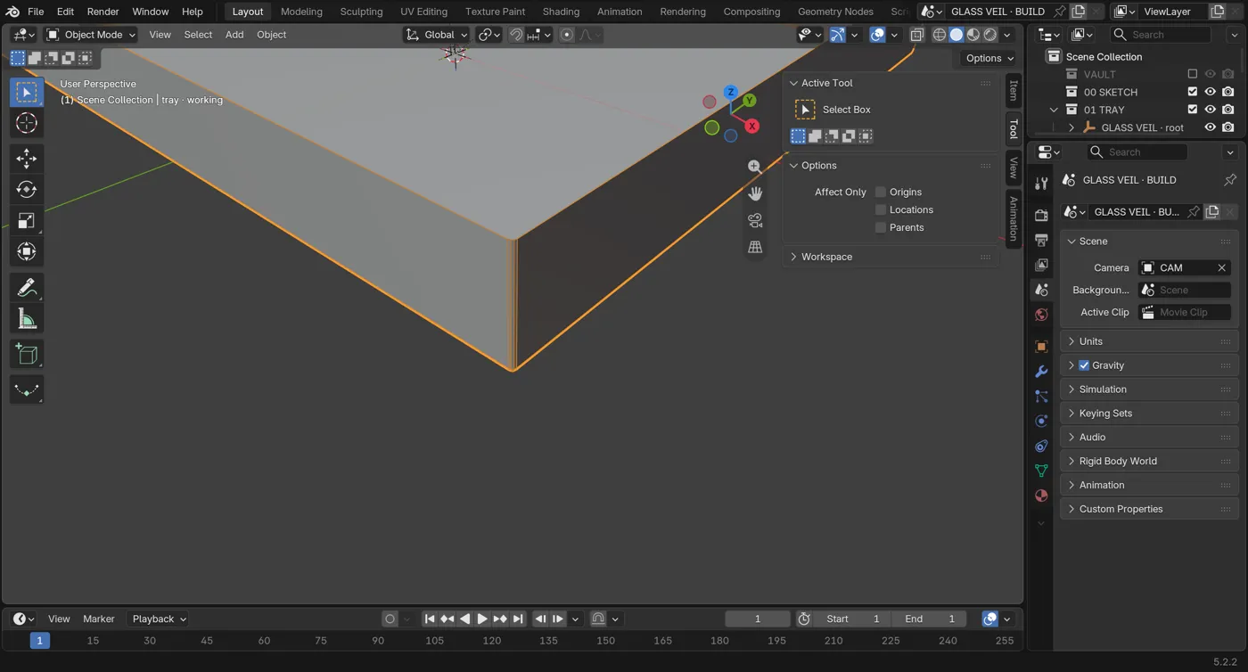 Blender viewport: the tray's wrapped edges being bevelled