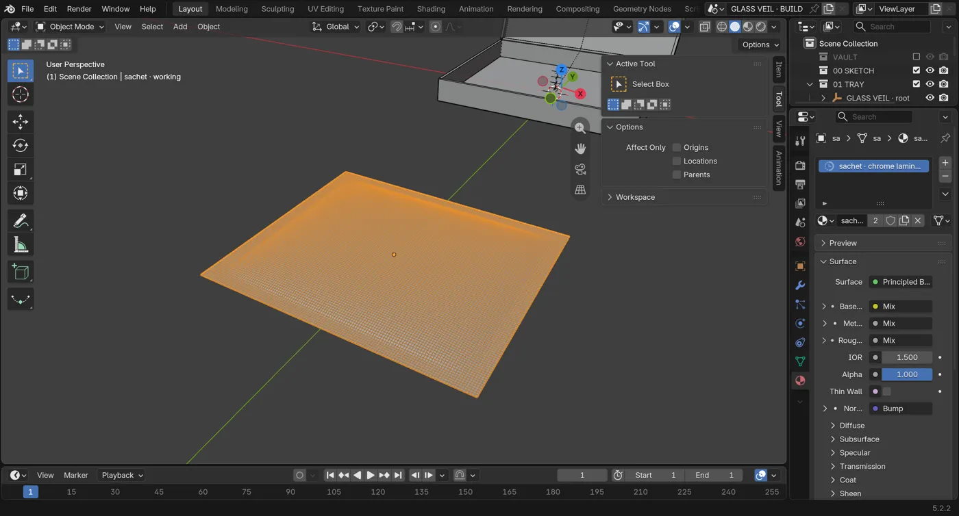 Blender viewport: a sachet grid pillowing into shape